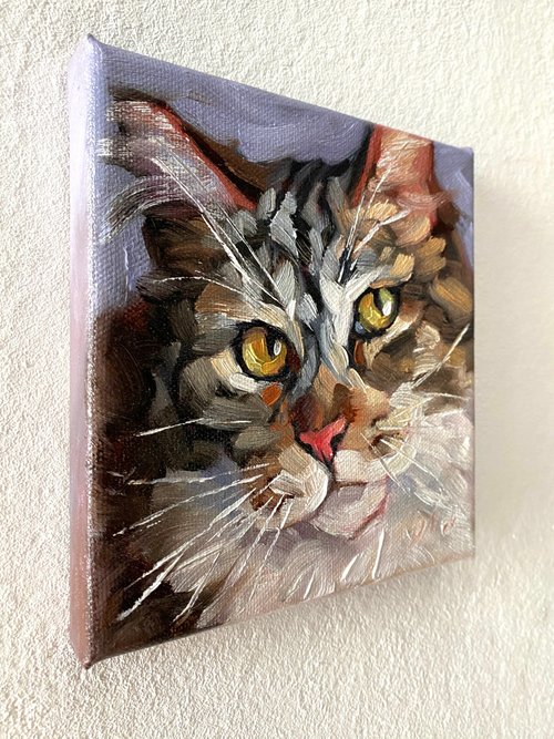 ロシア 猫の肖像画 オリジナルペットアートワーク 油絵キャンバス 6x6