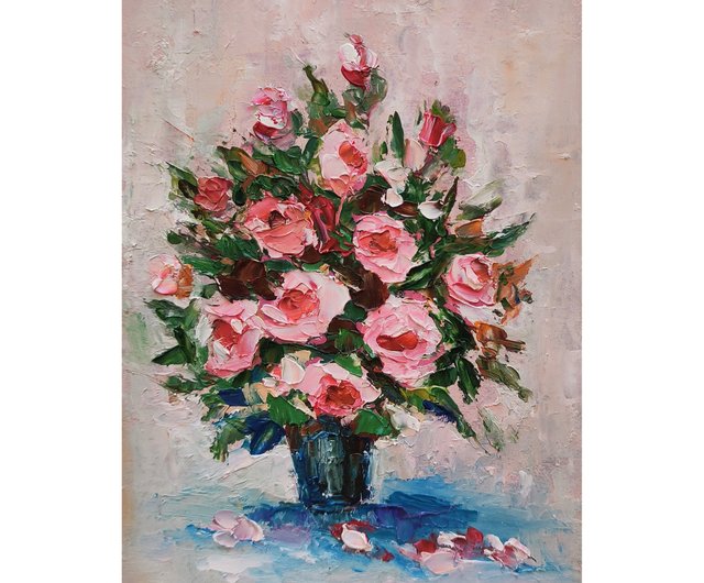 10%OFF】ロシア ピンクのバラの花の花束オリジナルの絵画、花のアート