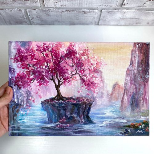 ロシア 桜の絵画 オリジナル油絵 山の風景 川の絵画 桜 AsheArt - Pinkoi
