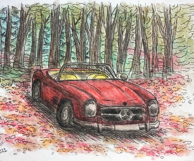 送料無料 10%OFF】ロシア 秋の森の水彩画、メルセデス sl300 の