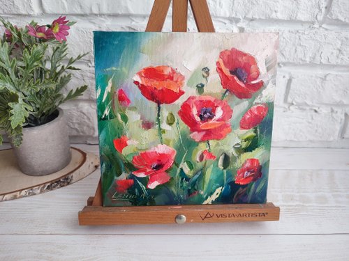 ロシア ポピー 油絵 ポピー 小さなアート 赤い花のアートワーク 花の