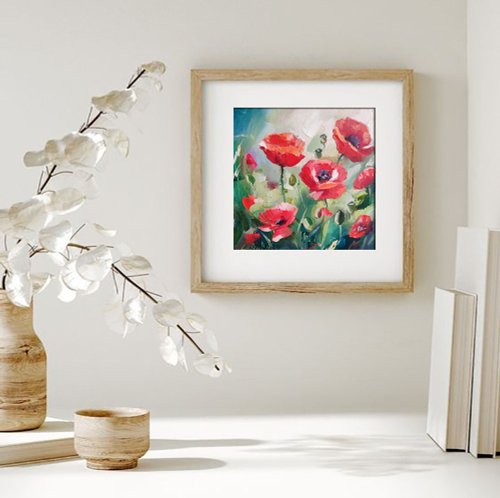 ロシア ポピー 油絵 ポピー 小さなアート 赤い花のアートワーク 花の