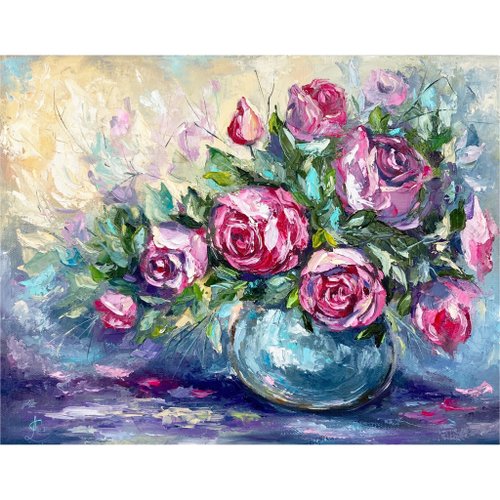 ロシア バラの絵花オイルオリジナルアートワークバラの花束キャンバス