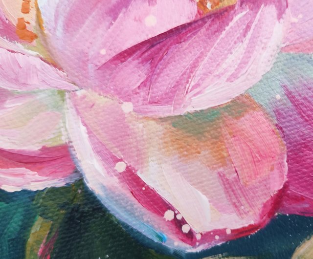 ロシア 蓮の油絵 蓮のオリジナルアート ピンクの花のアートワーク 仏教