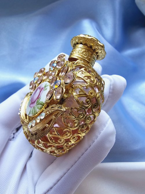 台湾 チェコ工芸ガラス フィリグリーラインストーン 磁器ローズ香水瓶