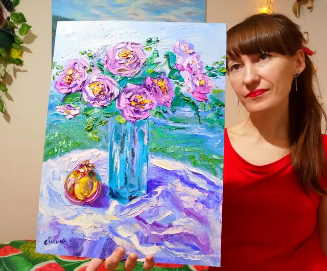 ロシア ザクロ ピンクのバラ ガラス花瓶 油絵 厚塗り オリジナル