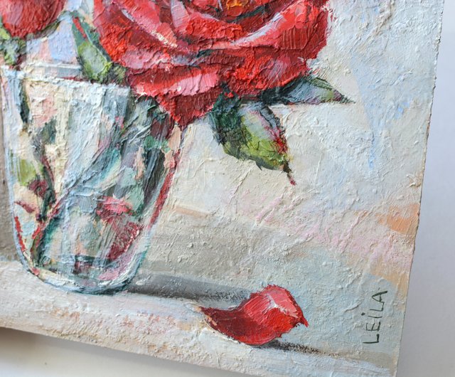 ベラルーシ バラのオリジナル油絵 20x20cm 現代絵画 現代風 赤い花