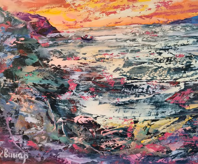 ロシア 山 海 船 明るい夕日 オリジナル アート 油絵 アーティスト