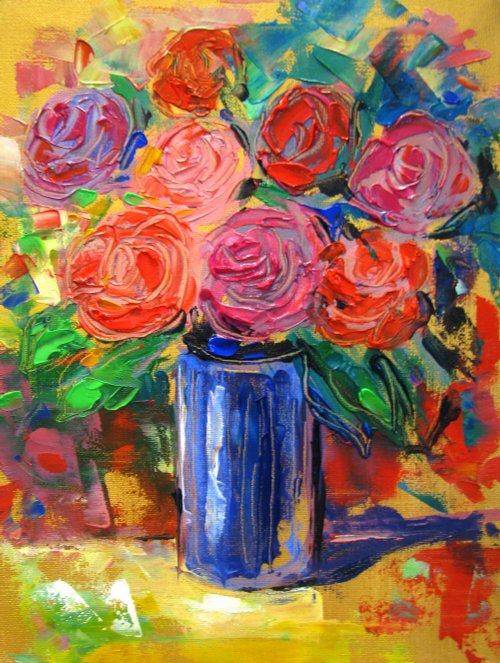 ラトビア 金色の背景の壁の装飾に描かれた抽象的なバラの花の厚塗りの