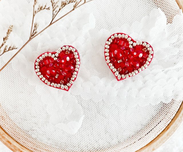 台湾 心響き合う赤いハート | 手刺繍 ビーズ ピアス リング miauu