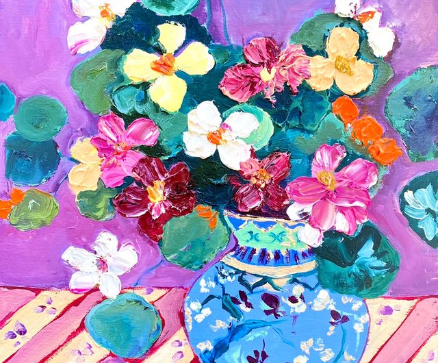 ロシア 青い花瓶のキンレンカ、キャンバスに油絵、フォーヴィスム