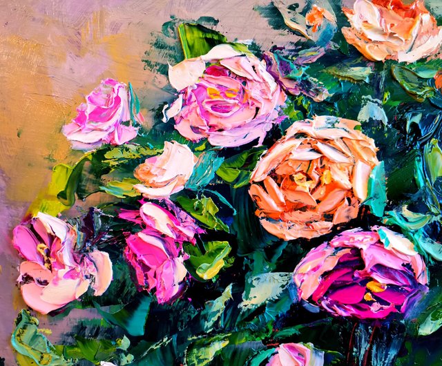 ロシア ピンクと黄色のバラの花の花束花瓶油絵厚塗りオリジナル
