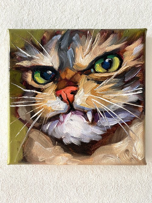 ロシア 猫の肖像画 オリジナルペットアートワーク 油絵キャンバス 6x6