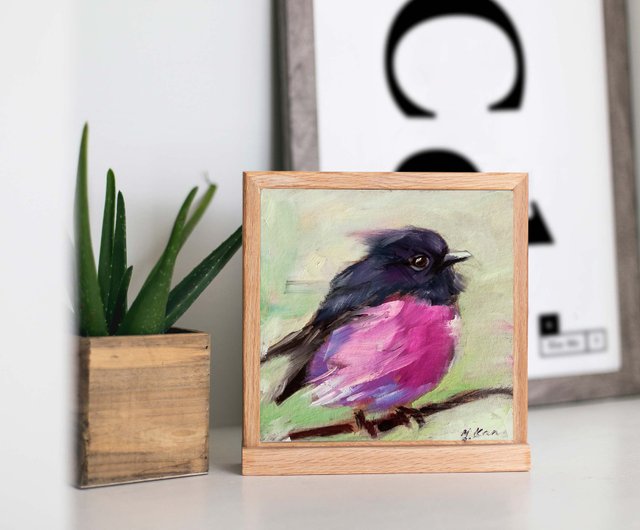 送料無料】ロシア 鳥の絵オリジナルの油絵オーストラリアの鳥ピンク