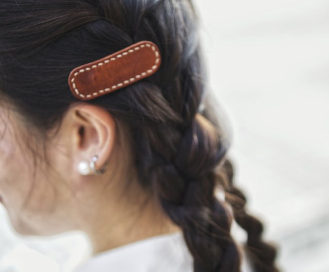 台湾 レザーヘアクリップ BBピン 手縫いベジタブルタンニンなめし革