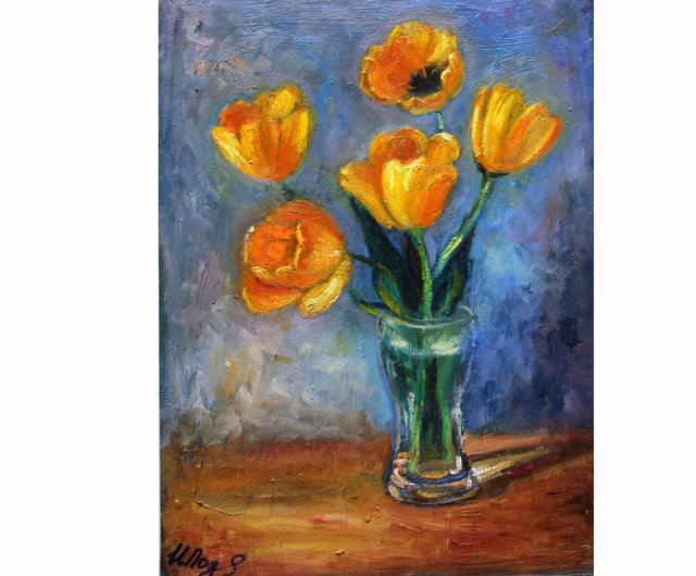 ロシア 黄色いチューリップの絵画 オリジナルアート 花の静物画 花瓶に