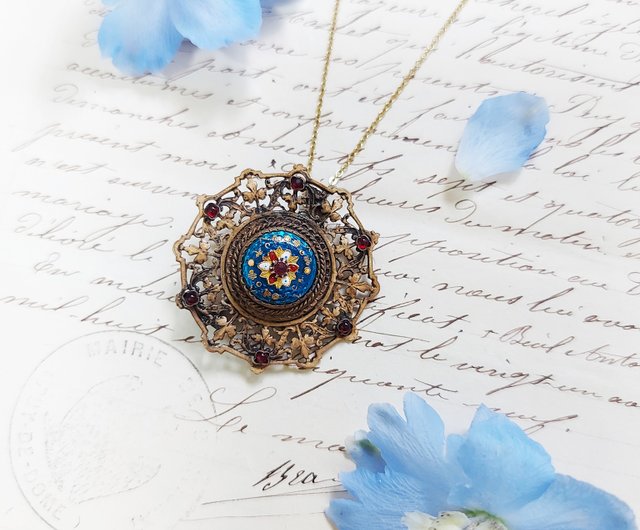 アメリカ合衆国 Emaux Bressans ブルーエナメル アンティークブローチ