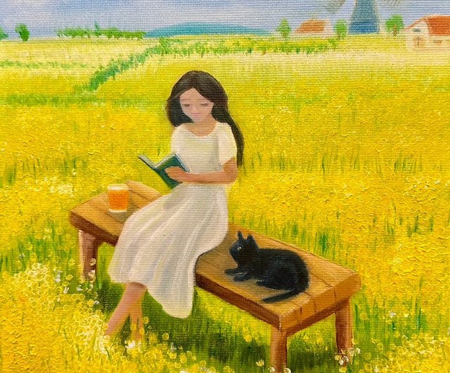 タイ 黒猫と本を読む少女 油絵 NararosePainting - Pinkoi