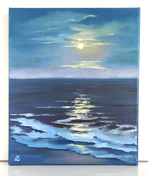 送料無料】ブルガリア 夜の海の油絵 キャンバス 月明かりの海景アート