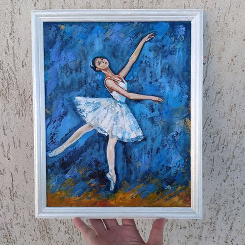 油絵 絵 絵画インテリア 額付(青緑＋金色の枠)F4-040414 女の子バレエ