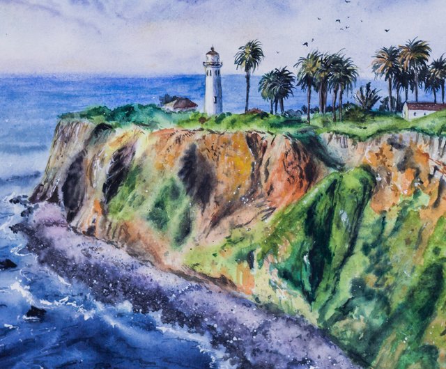 ロシア 灯台の風景画オリジナルの水彩画の海の風景のインテリア