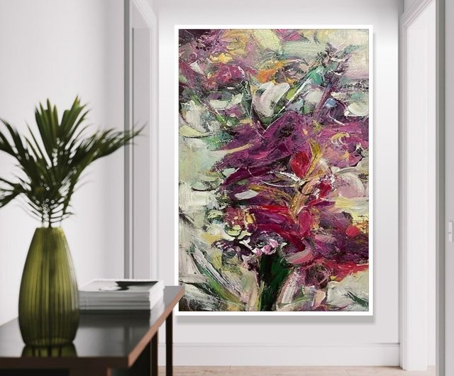 送料無料】スペイン キャンバスに描かれたオリジナルの抽象油絵 花束