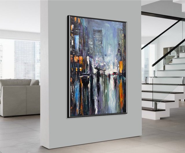 送料無料】スペイン オリジナルの抽象的な夜の街の通りのキャンバスの