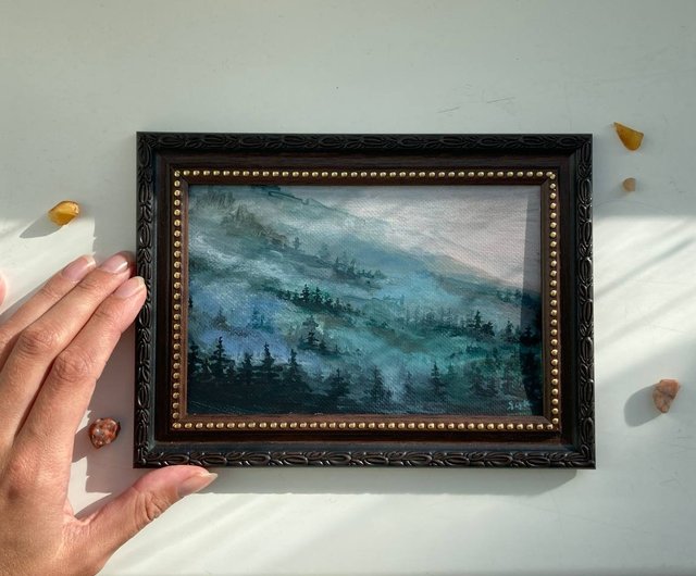 ロシア 山水画 風景画 霧の山 額入り絵画 雾画 相框作礼品