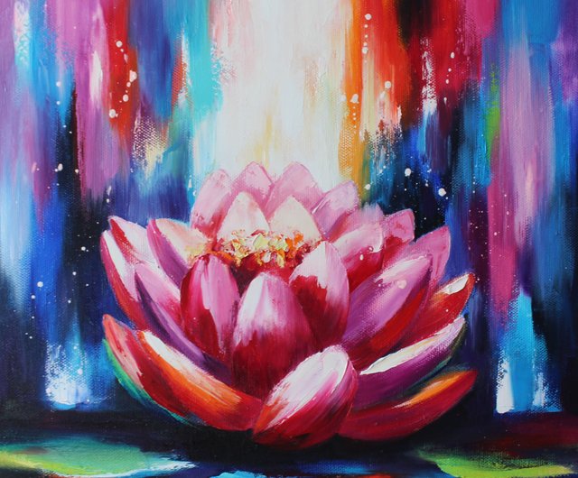 ロシア 蓮の油絵 蓮のオリジナルアート ピンクの花のアートワーク 仏教