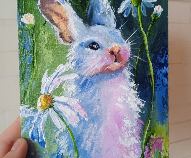 ウクライナ 油絵。ウサギとお絵描き。油絵動物・ミニチュアアート