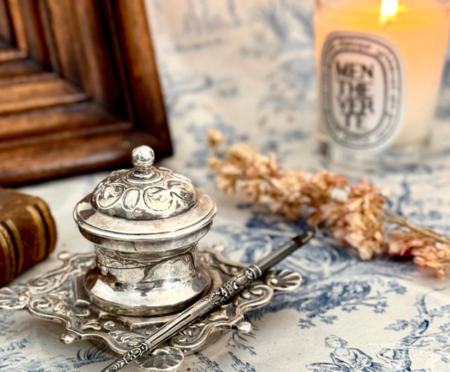 台湾 40037-美しきフランスアンティーク シルバープレート製インク壺