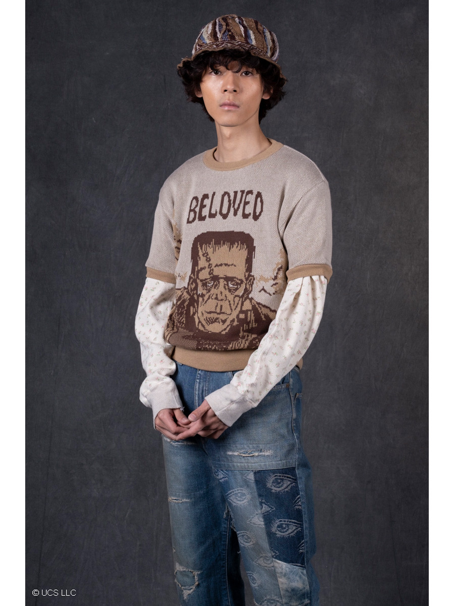 KAPITAL Knit Sweater 8G Jacquard Knit Short Sleeve Vintage Sweater