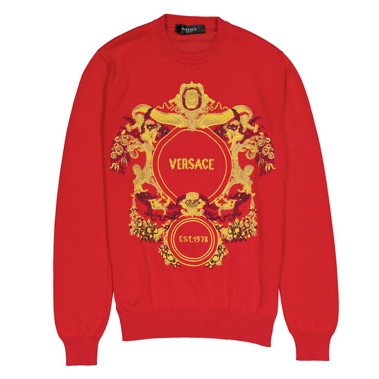 Versace Red Intarsia Knit Jacqurd Sweater, Brand Size 48 (US Size