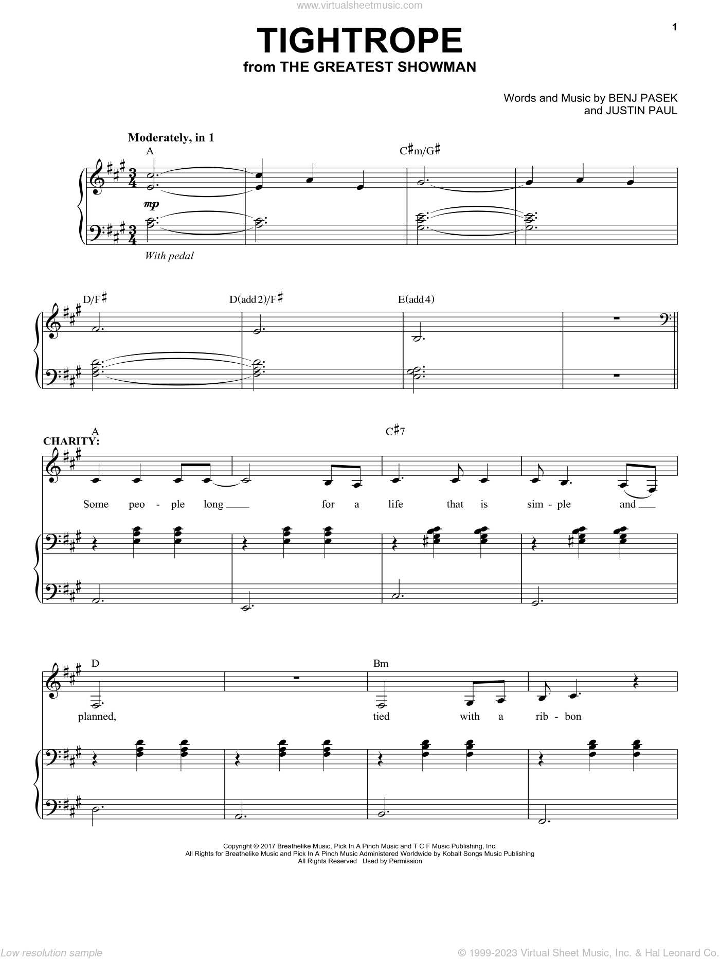 Tightrope (from The Greatest Showman) sheet music for voice and piano