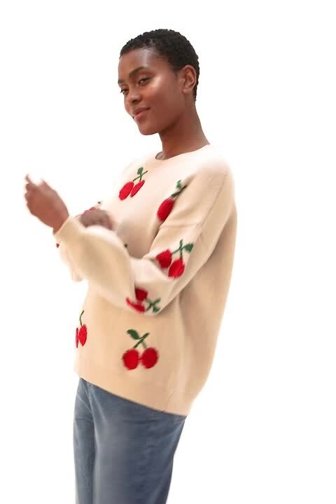 Taupe Cherry Patterned Jumper | Roman UK