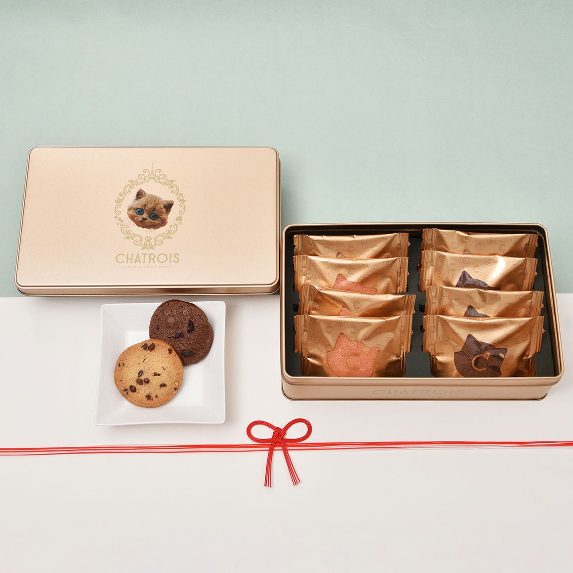 金のフェイス缶Wサブレ3種10枚入｜猫スイーツ・猫モチーフお菓子通販