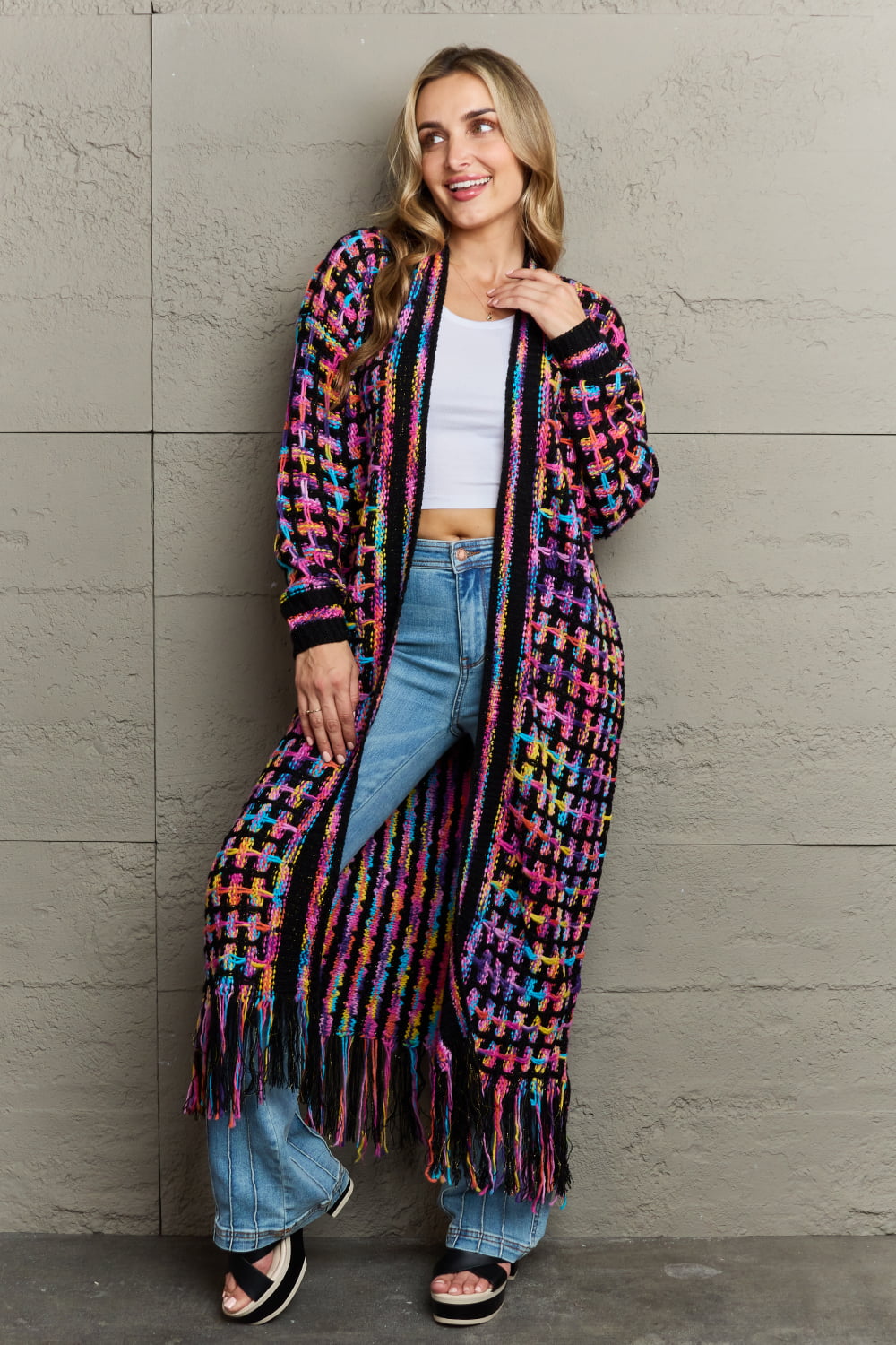 Multicolored Open Front Fringe Hem Cardigan – Charming Charlie