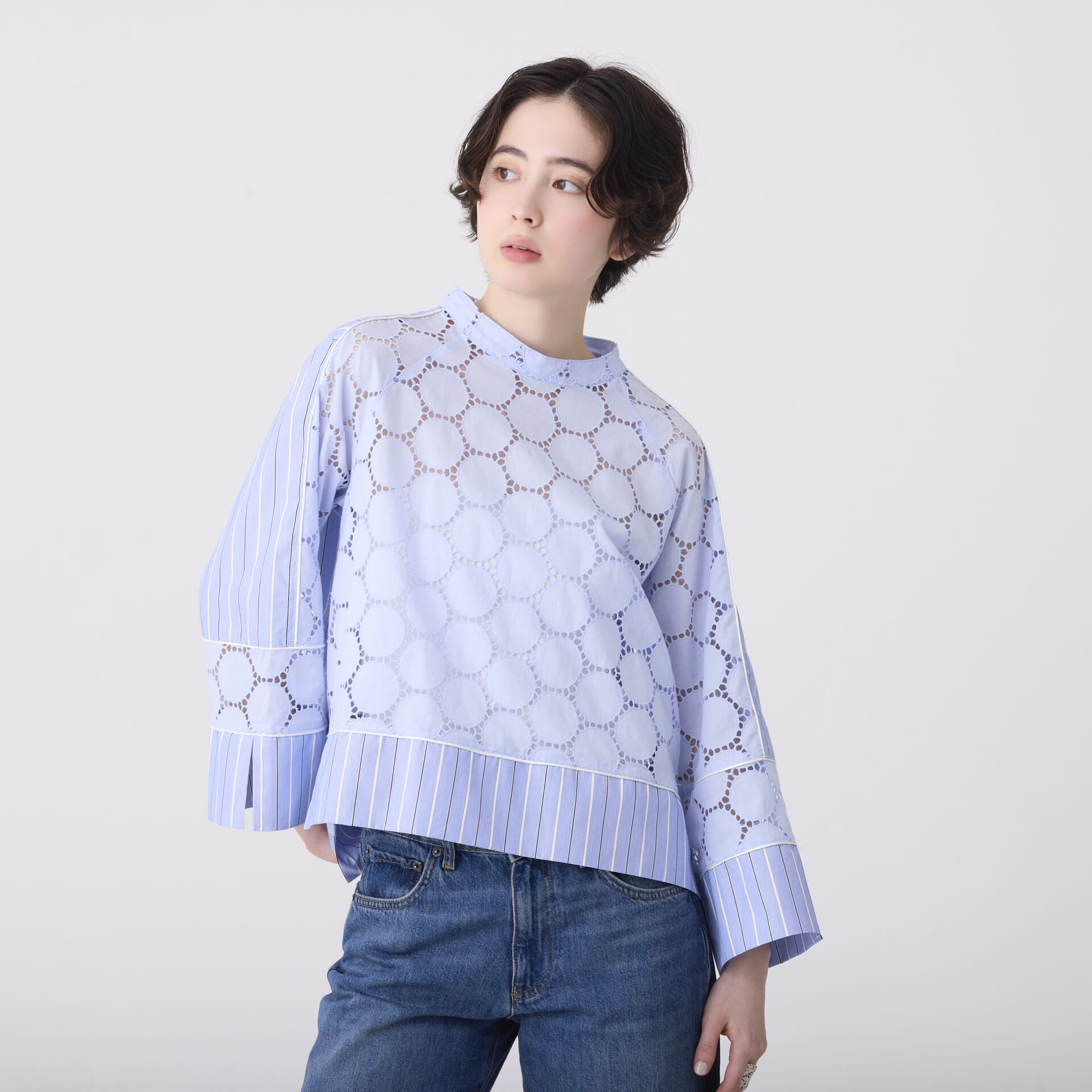 ストライプブラウス／ショート（ブルー） | 横浜元町 近沢レース店