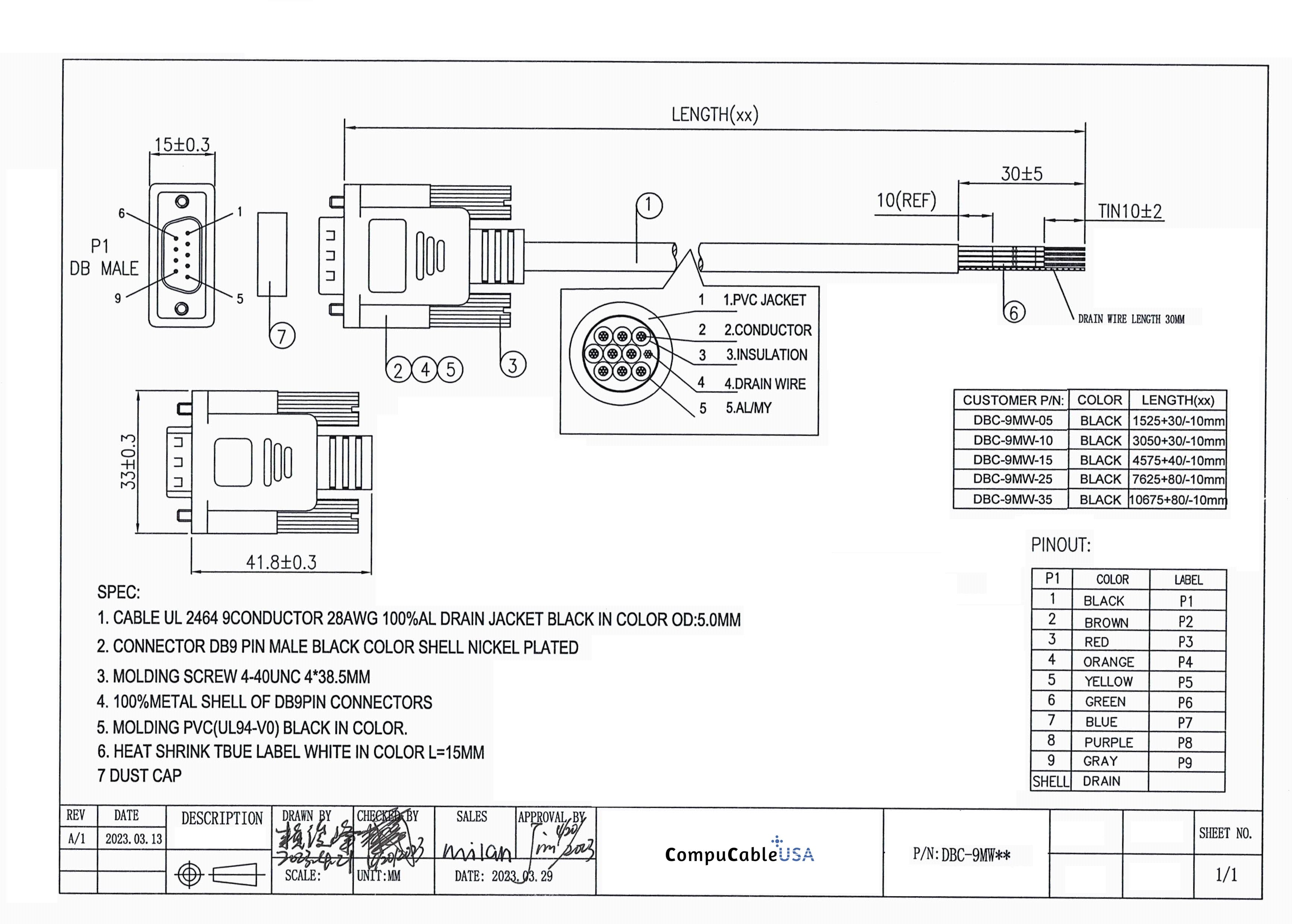 9 Pin RS232 Serial Cable_Male_3/5/10/15/25/35 Feet