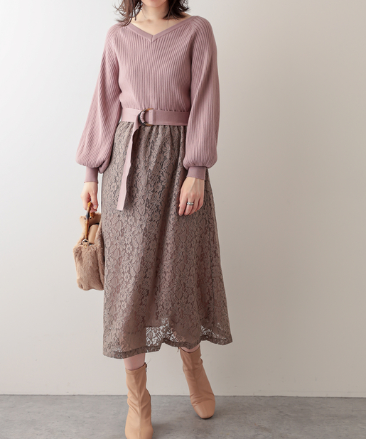 ニット×レース2WAYドッキングワンピース | natural couture(ナチュラル