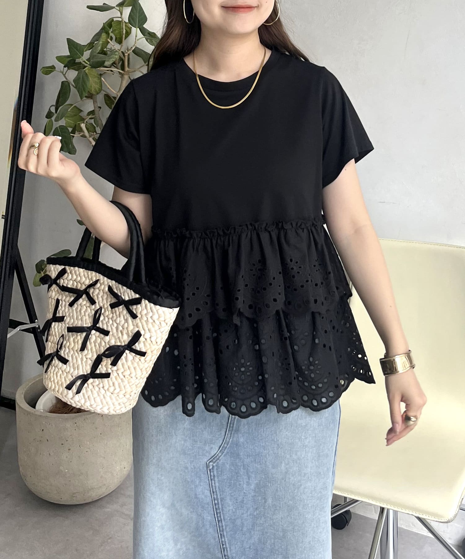 yori フリルTシャツ yori ビッグフリル襟Tシャツ ネイビー