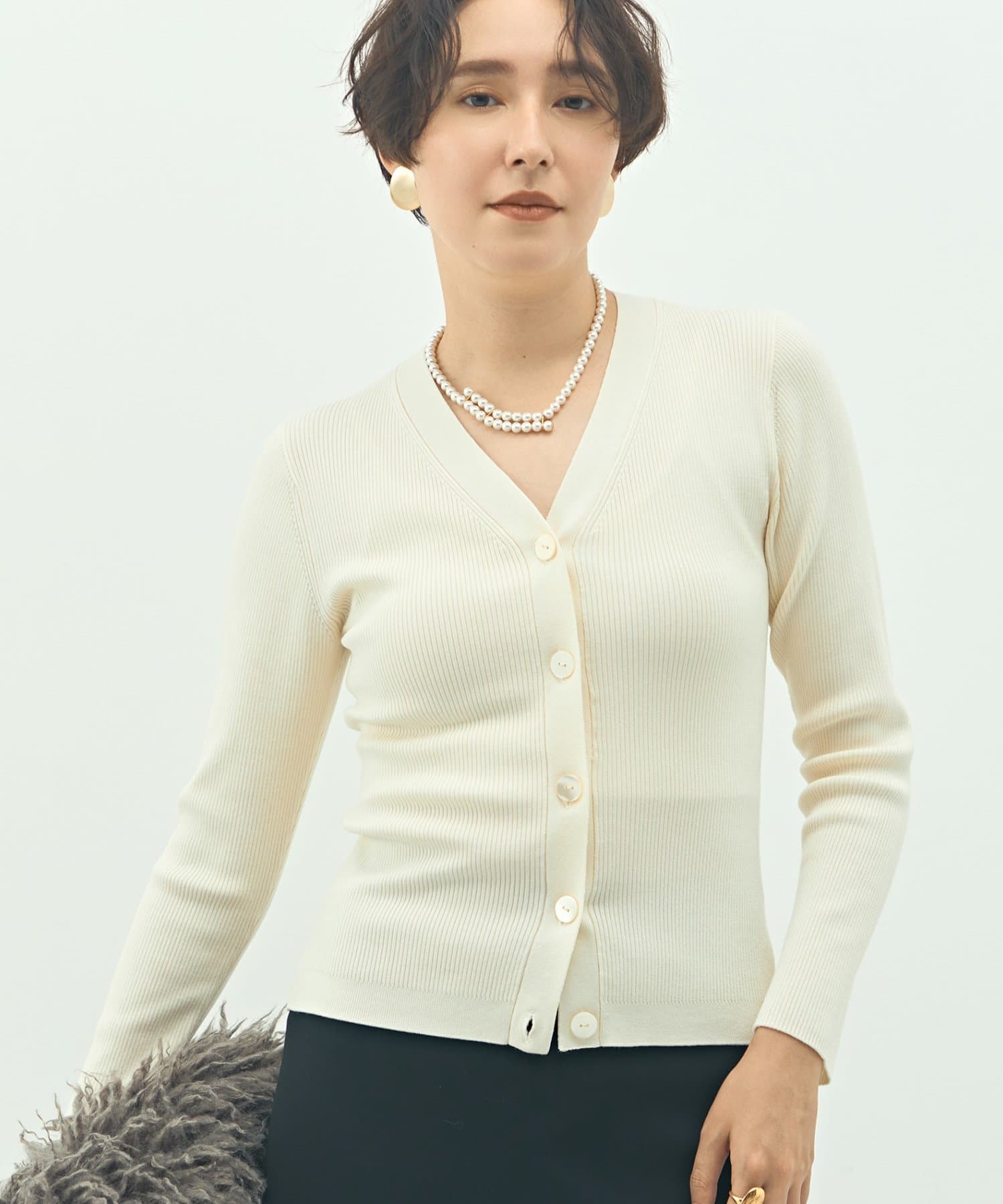 アンサンブル対応》《手洗い可能》カシミヤ混リブVネックカーディガン