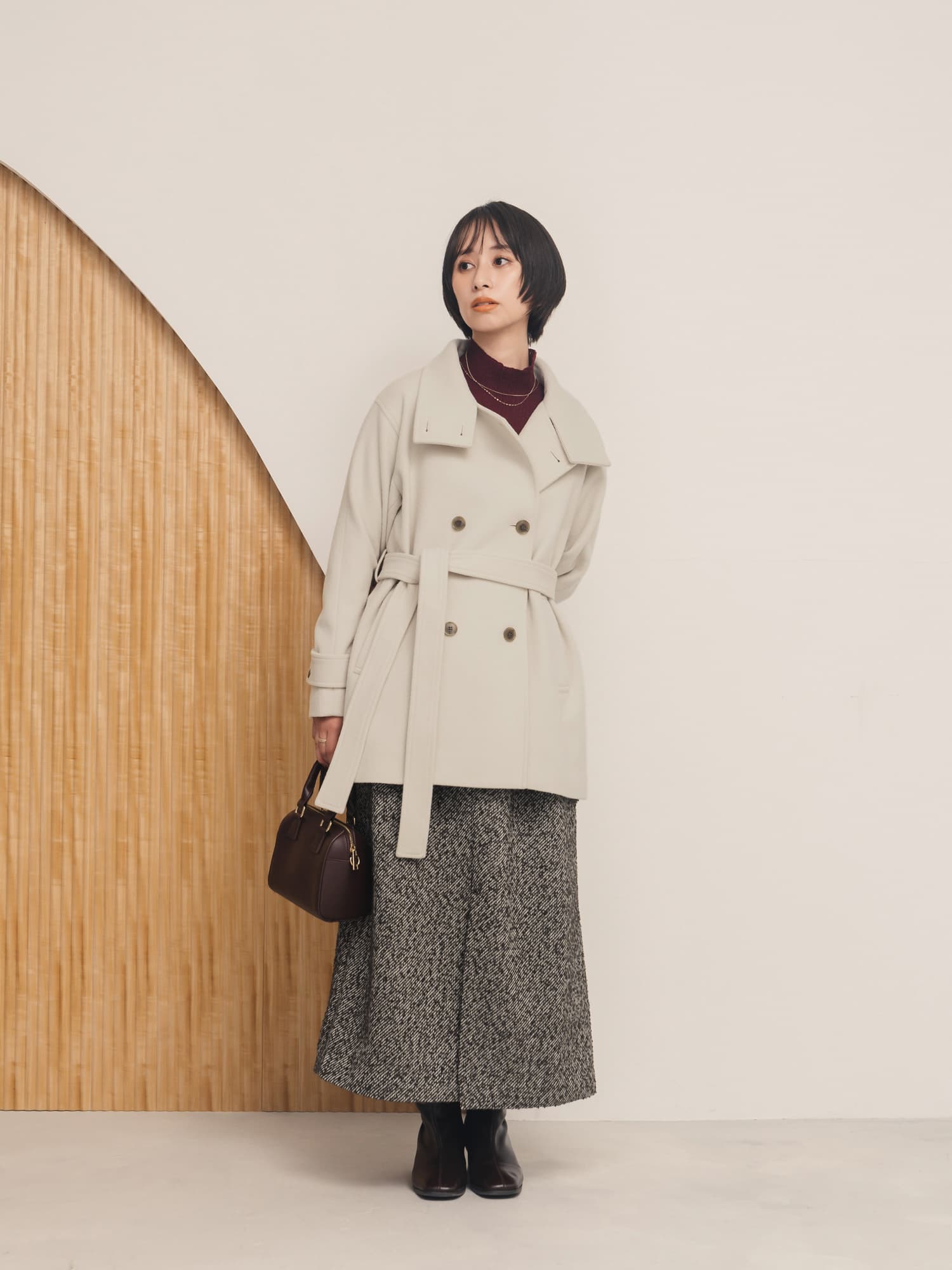 S120スタンドカラーミドル丈ウールコート | 小柄・低身長女性向け