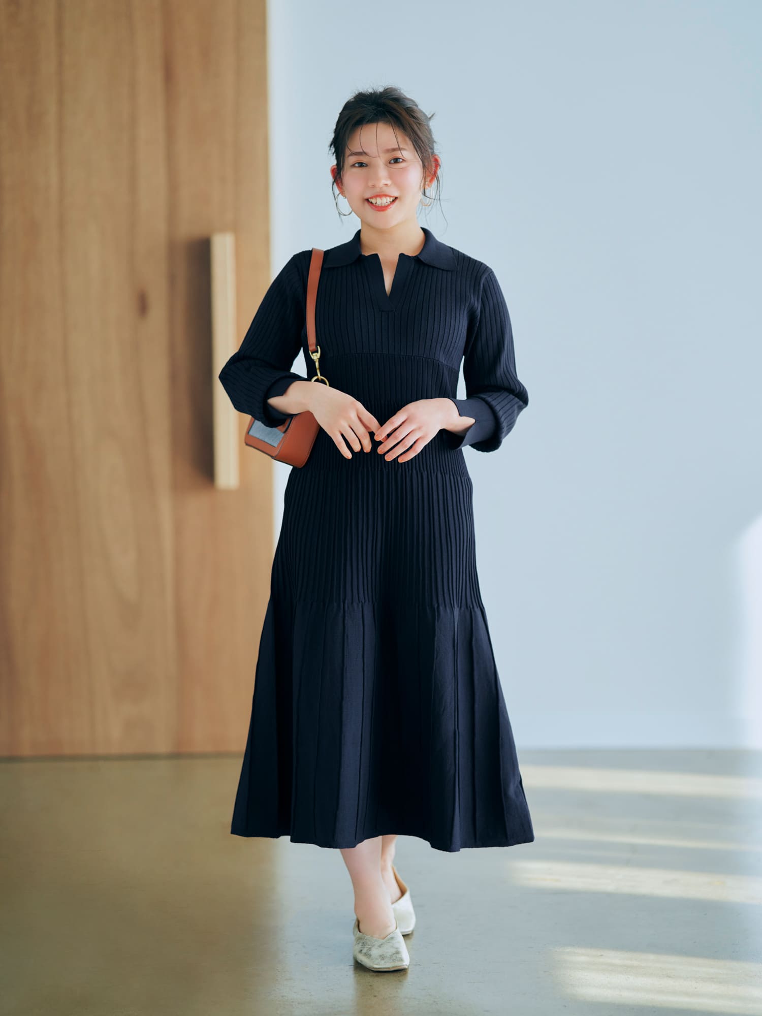 スキッパーカラーニットワンピース-short & regular | 小柄・低身長