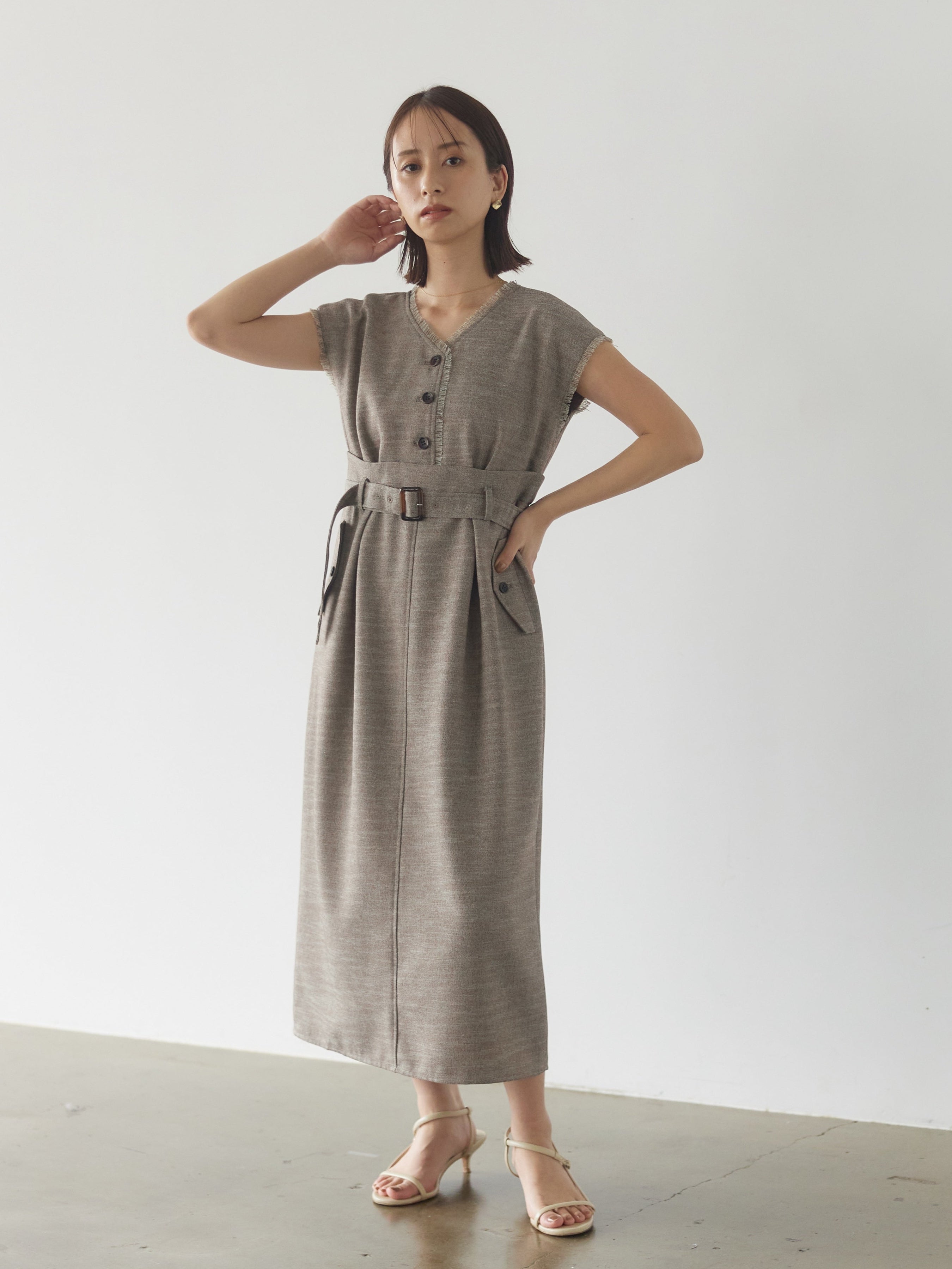 リネンライクツイードIラインワンピース | 小柄・低身長女性向け