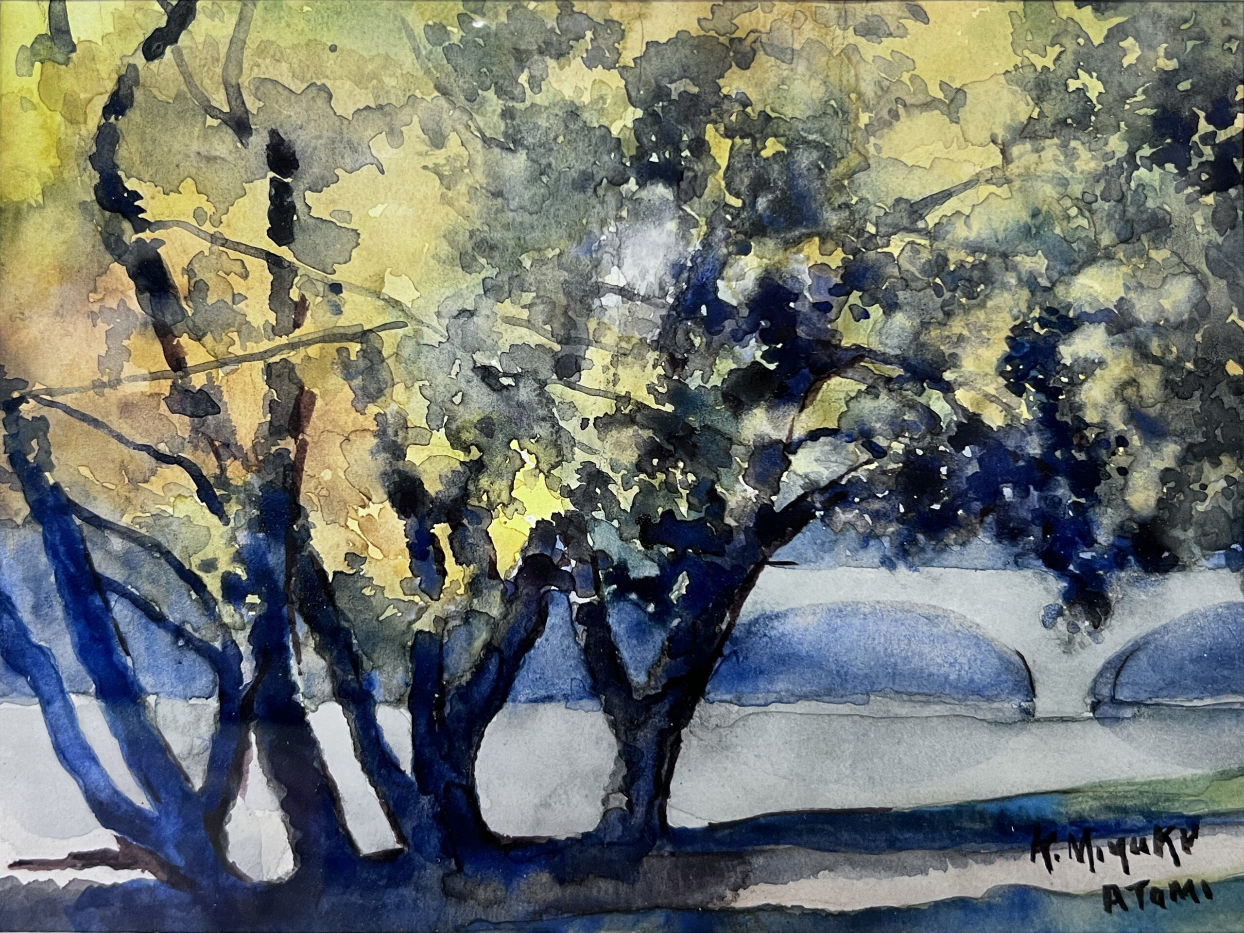 第112回 【不破章肉筆水彩画 公園風景 署名 1977 額】日本水彩画会