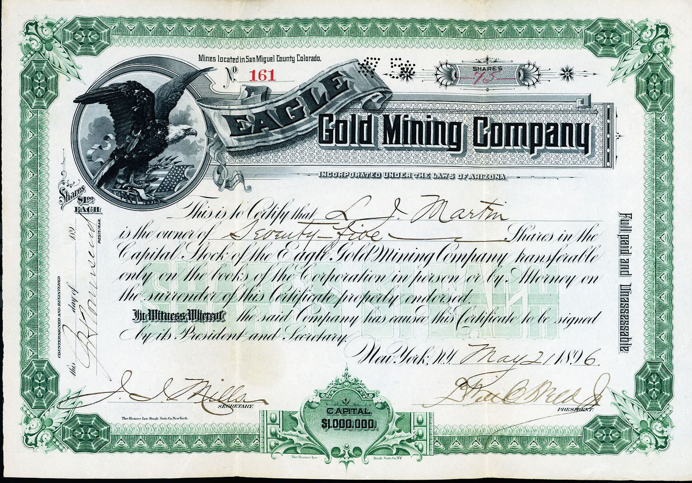EAGLE GOLD MINING COMPANY San Miguel County Colorado mining stock