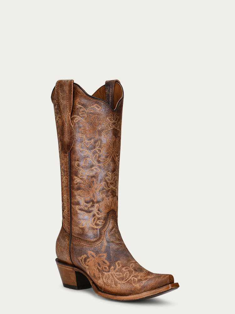 L2038 - WOMEN'S EMBROIDERY BROWN SNIP TOE COWBOY BOOT – Corral