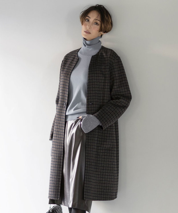 リバーシブル】ウールナイロン リバーチェック ノーカラー ロング