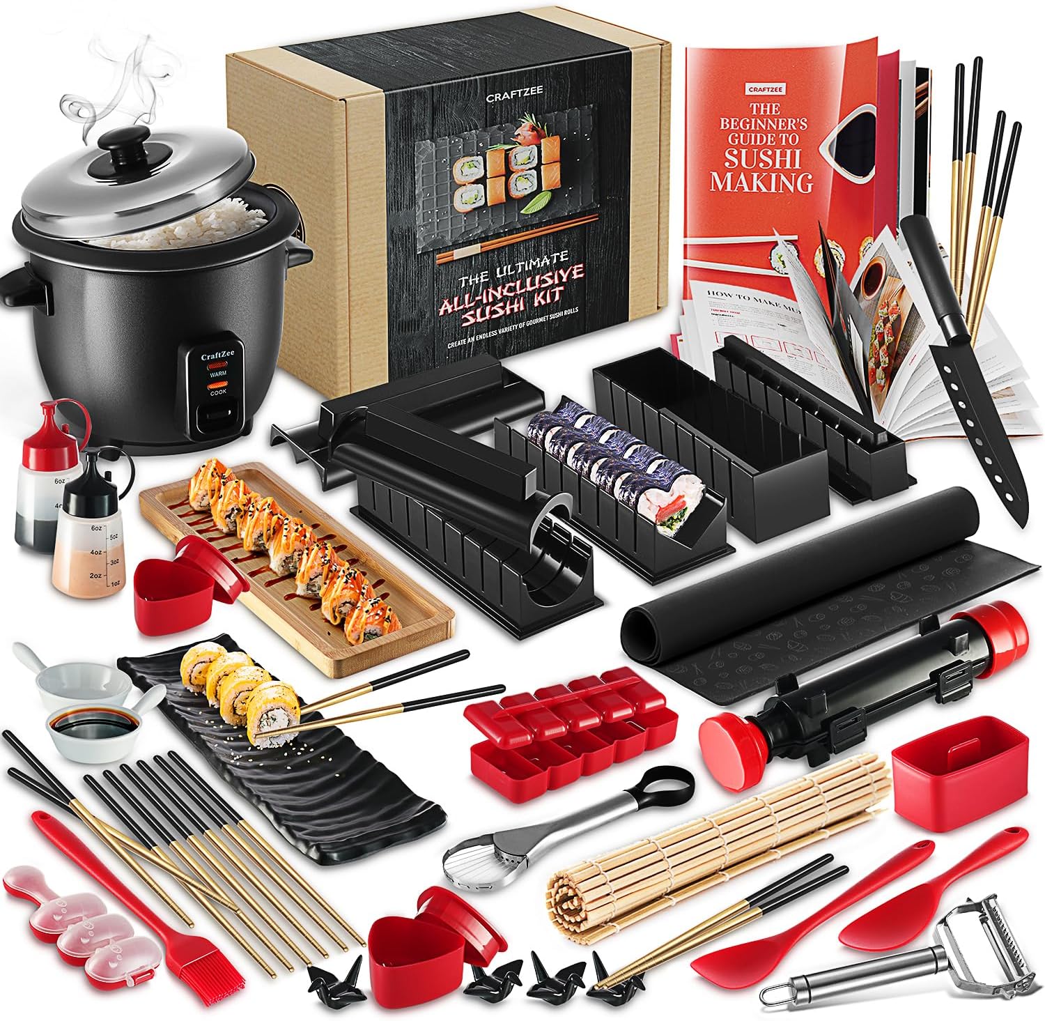 Super Deluxe Sushi Making Kit with Bazooka Roller, Rice Cooker